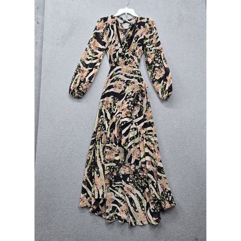 GUESS Women Dress S Black Floral Long Sleeve Zebra Meadows Maxi Fit & Flare NWT